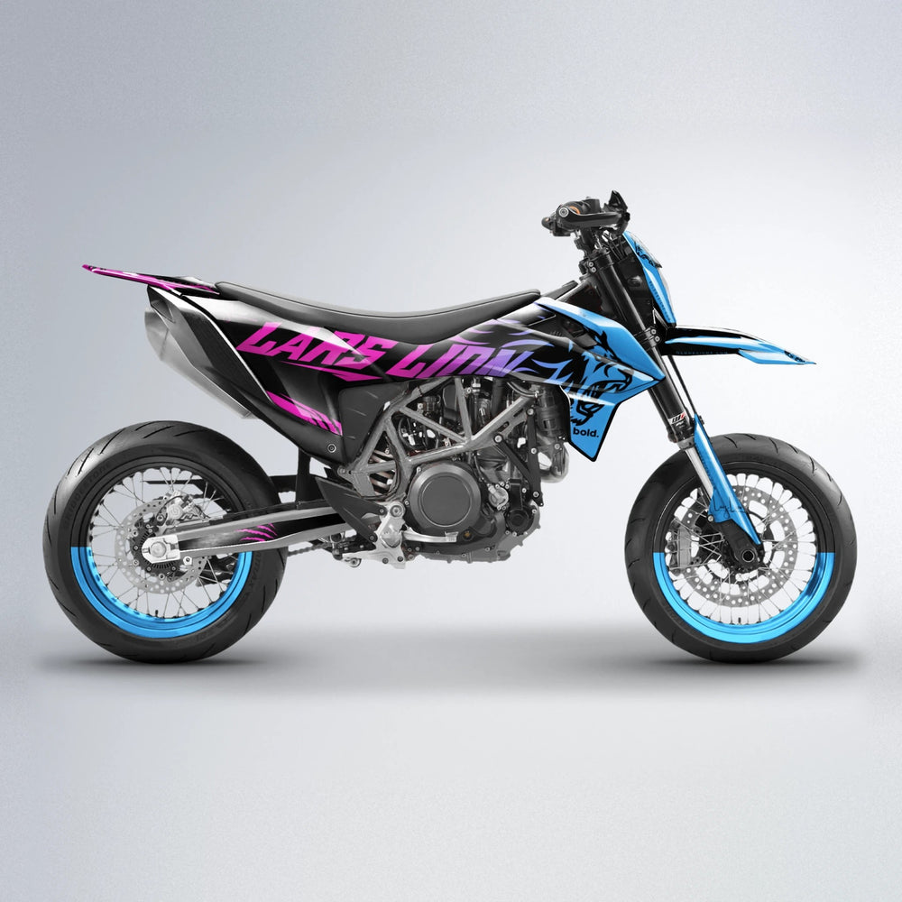 LARSLION KTM SMC 690 supermoto graphics kit in Pink & Light Blue