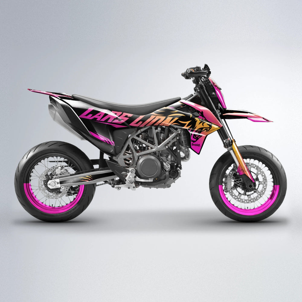 LARSLION KTM SMC 690 supermoto graphics kit in Pink & Yellow