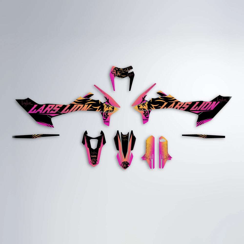 LARSLION KTM SMC 690 graphics kit parts layout in Pink & Yellow