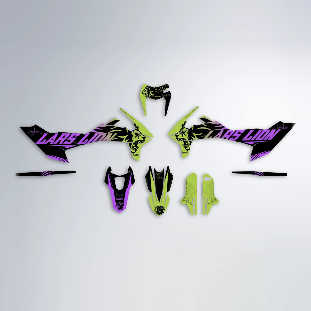 LARSLION KTM SMC 690 graphics kit parts layout in Purple & Yellow