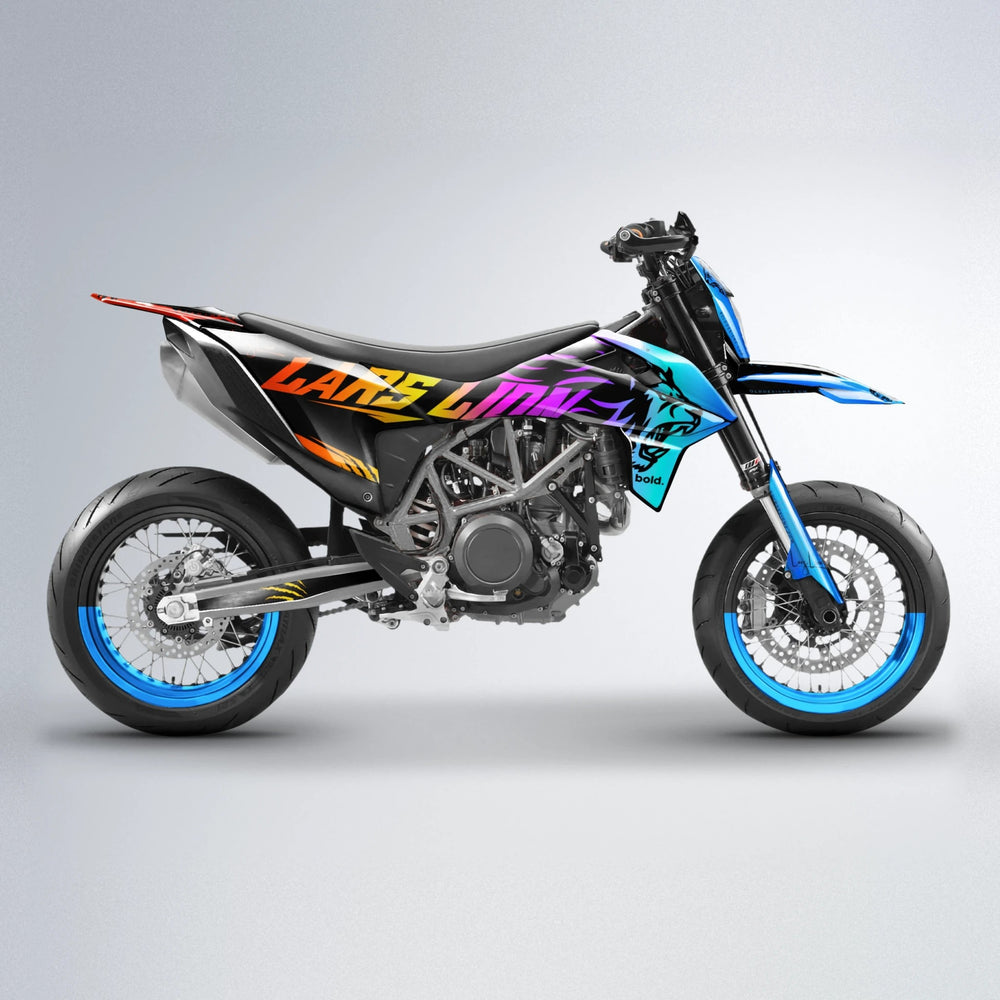 LARSLION KTM SMC 690 supermoto graphics kit in Sunset Fade