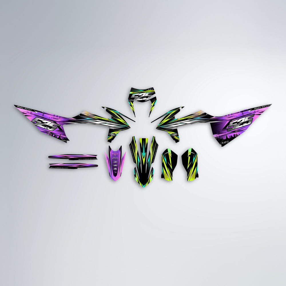 LIBERTY graphics kit parts layout in Purple & Fluo Yellow