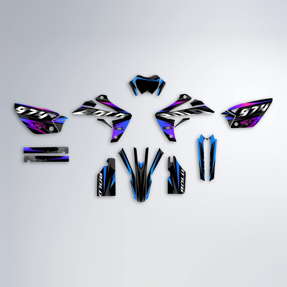 LUSIO Rieju MRT graphics kit parts layout in Blue Purple Fade