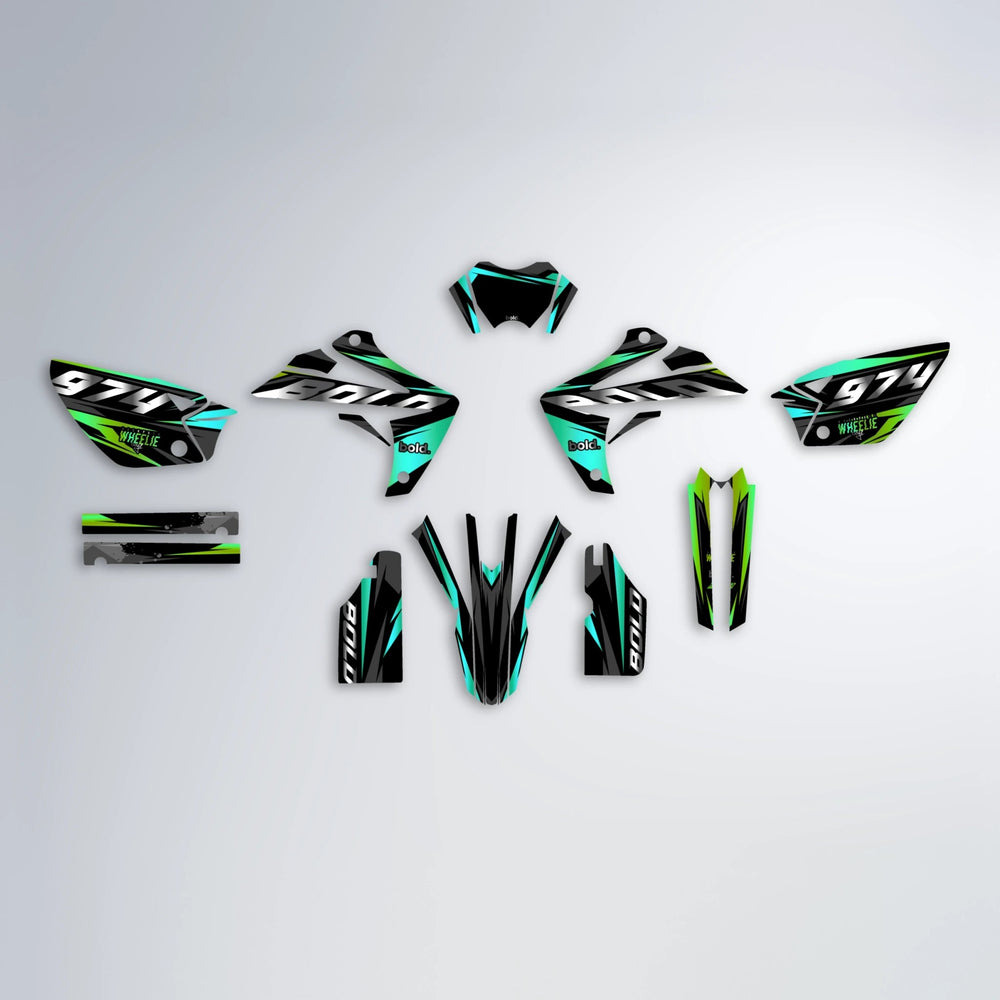 LUSIO Rieju MRT graphics kit parts layout in Cyan & Green
