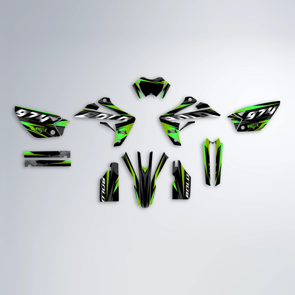 LUSIO Rieju MRT graphics kit parts layout in Green