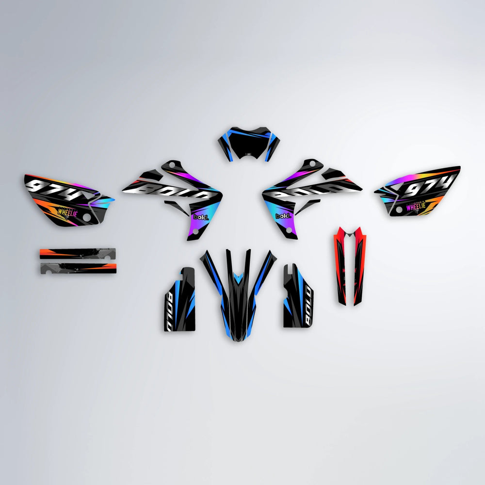 LUSIO Rieju MRT graphics kit parts layout in Sunset Fade
