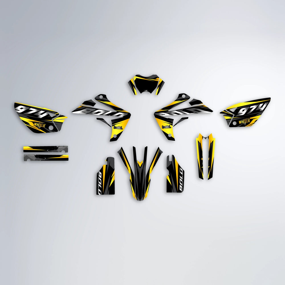 LUSIO Rieju MRT graphics kit parts layout in Yellow