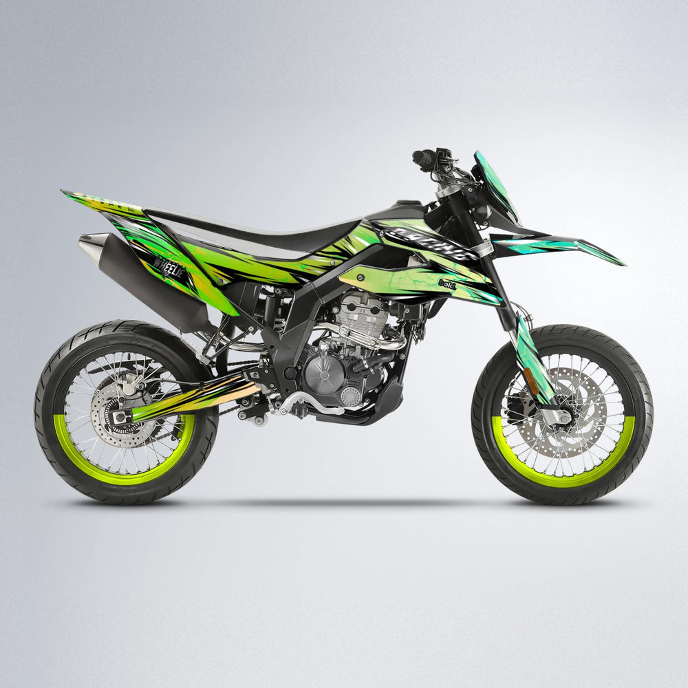 MADNESS Aprilia SX 125 supermoto graphics kit in Cyan & Green