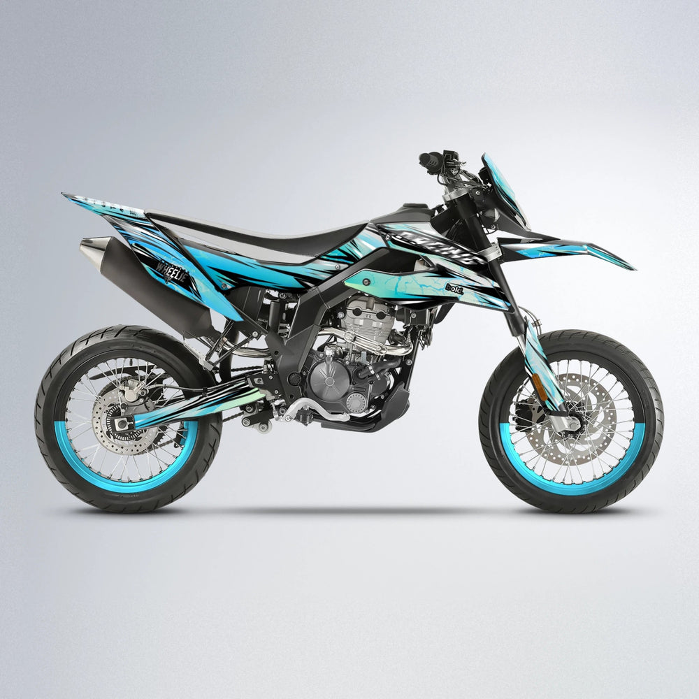 MADNESS Aprilia SX 125 supermoto graphics kit in Light Blue & White