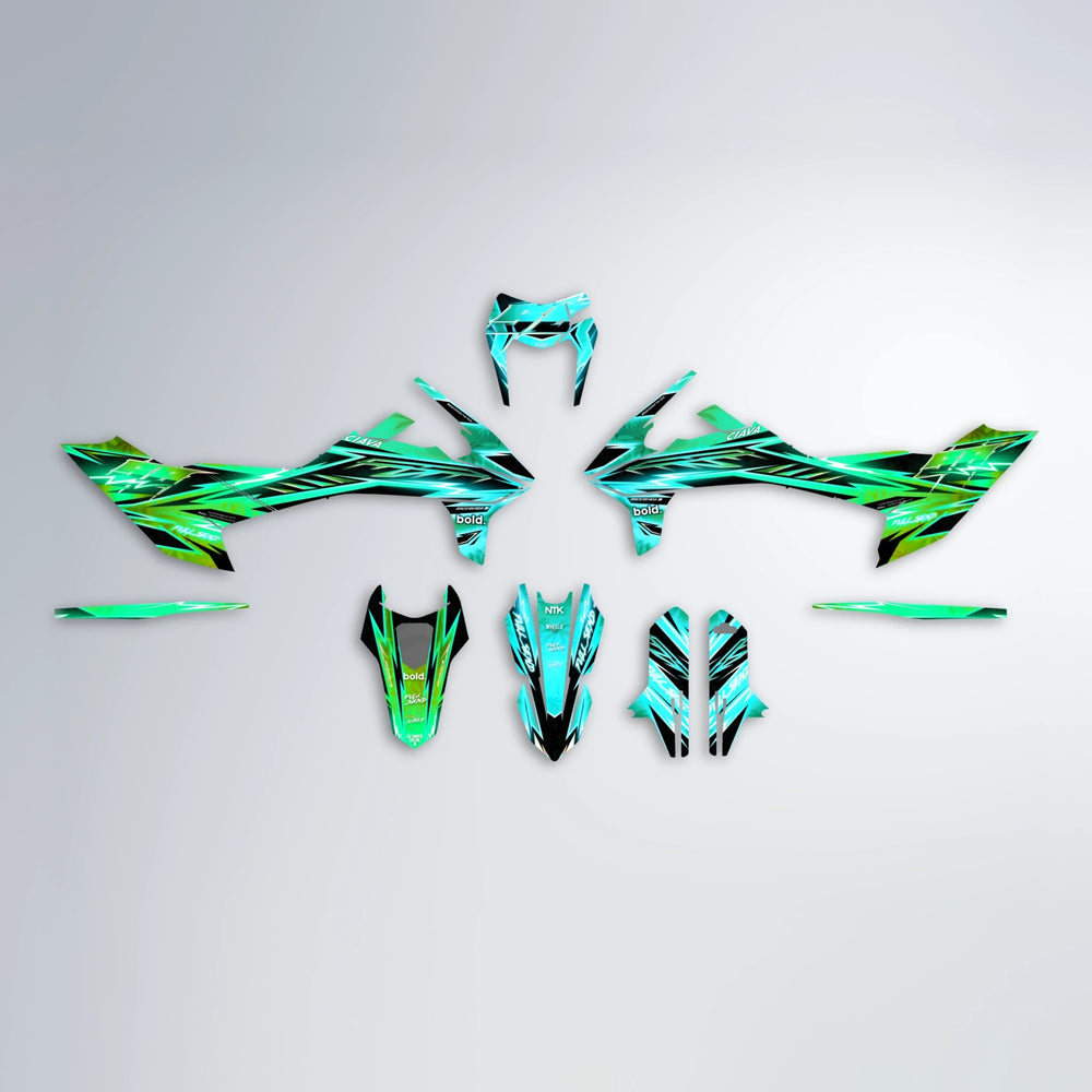 MATRIX KTM SMC 690 graphics kit parts layout in Cyan & Green