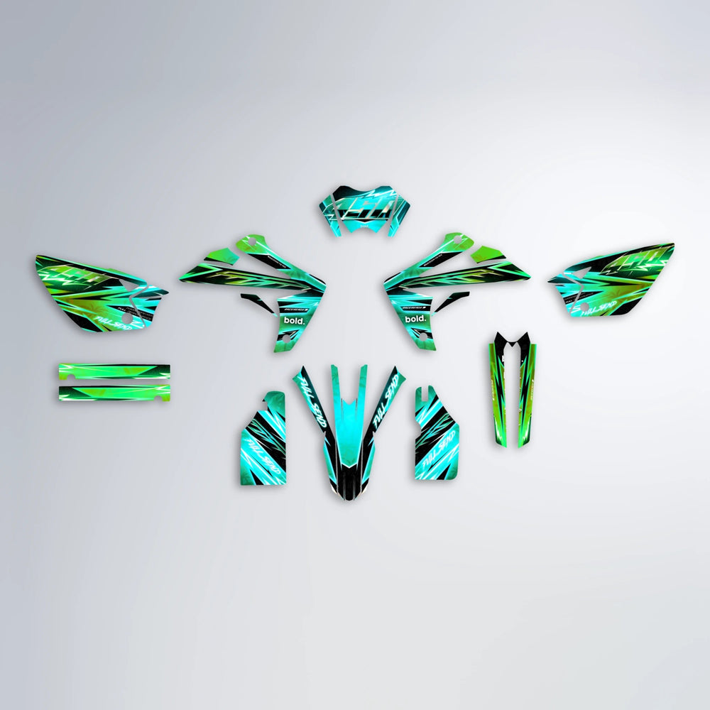 MATRIX Rieju MRT graphics kit parts layout in Cyan & Green
