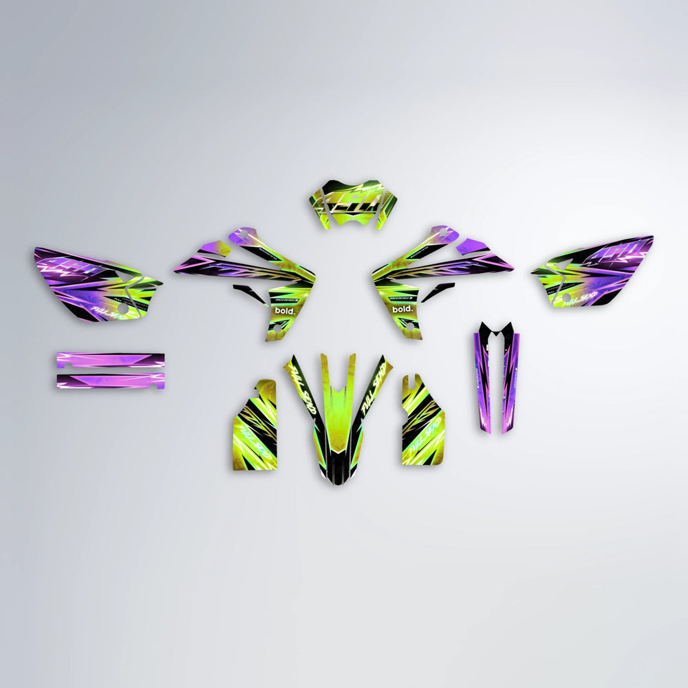 MATRIX Rieju MRT graphics kit parts layout in Purple & Yellow