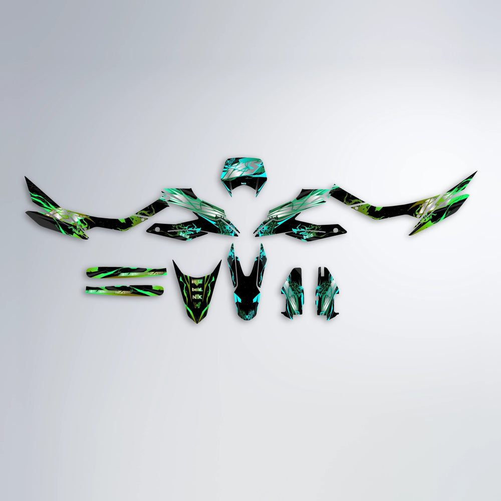 NEMESIS Aprilia SX 125 graphics kit parts layout in Cyan & Green