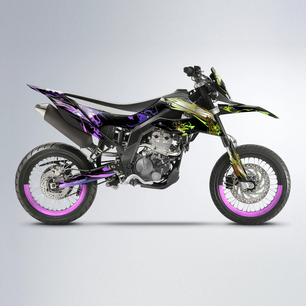 NEMESIS Aprilia SX 125 supermoto graphics kit in Purple & Yellow