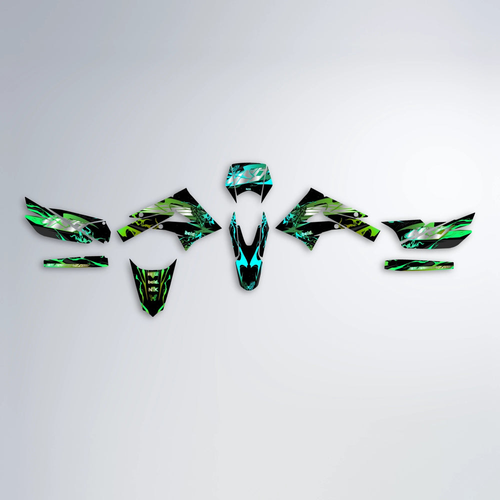 NEMESIS Derbi Senda graphics kit parts layout in Cyan & Green
