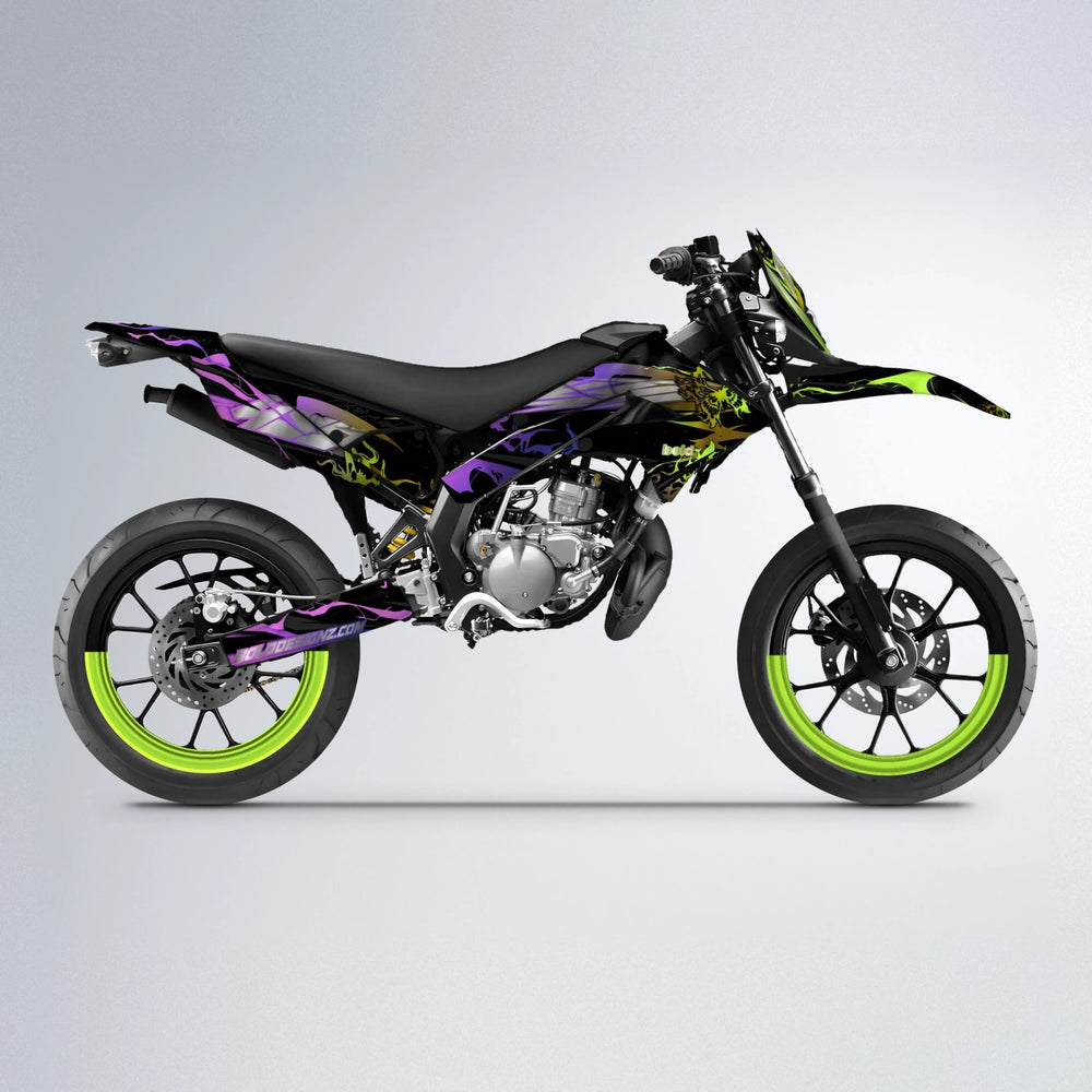 NEMESIS Derbi Senda supermoto graphics kit in Purple & Yellow