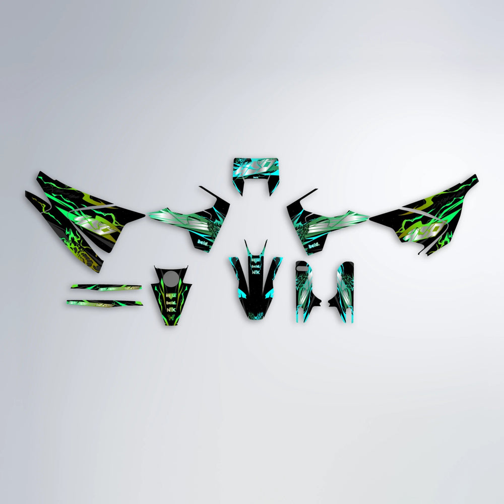 NEMESIS Husqvarna 701 graphics kit parts layout in Cyan & Green