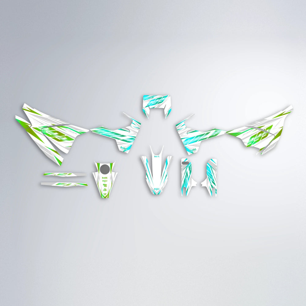 NEXUS Husqvarna 701 graphics kit parts layout in Cyan & Green