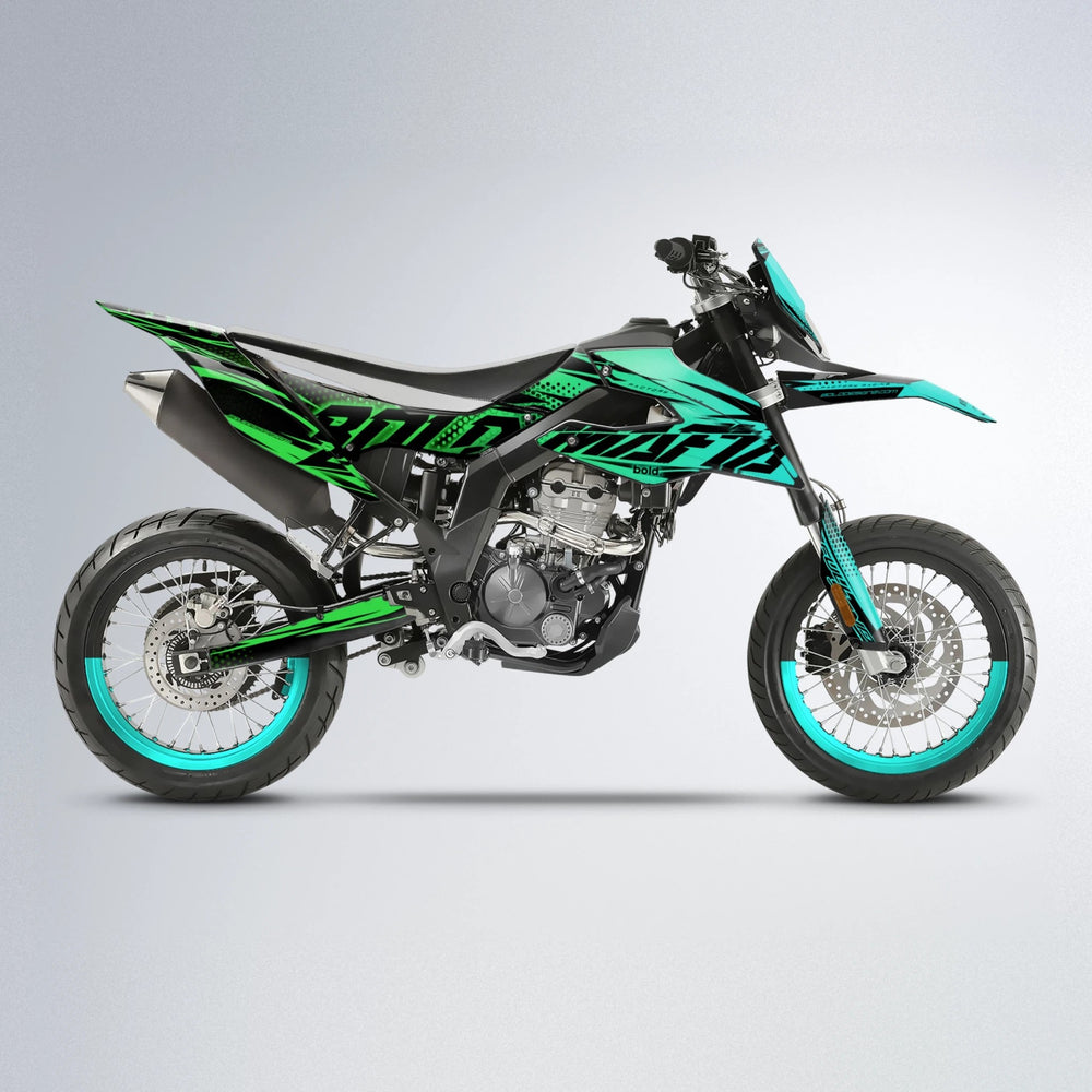NIGHTFLARE Aprilia SX 125 supermoto graphics kit in Cyan & Green