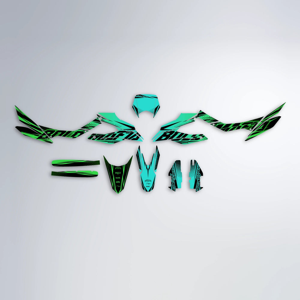 NIGHTFLARE Aprilia SX 125 graphics kit parts layout in Cyan & Green