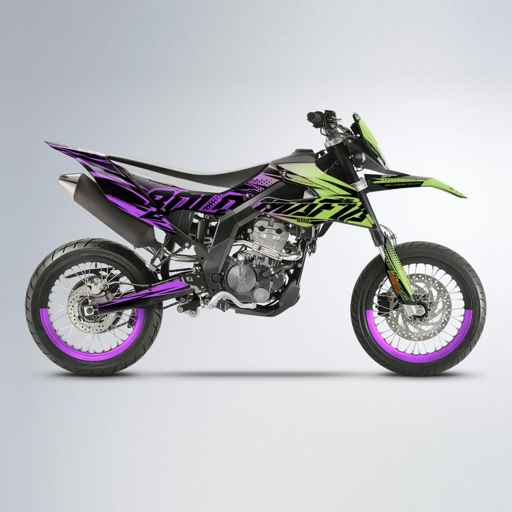 NIGHTFLARE Aprilia SX 125 supermoto graphics kit in Purple & Yellow