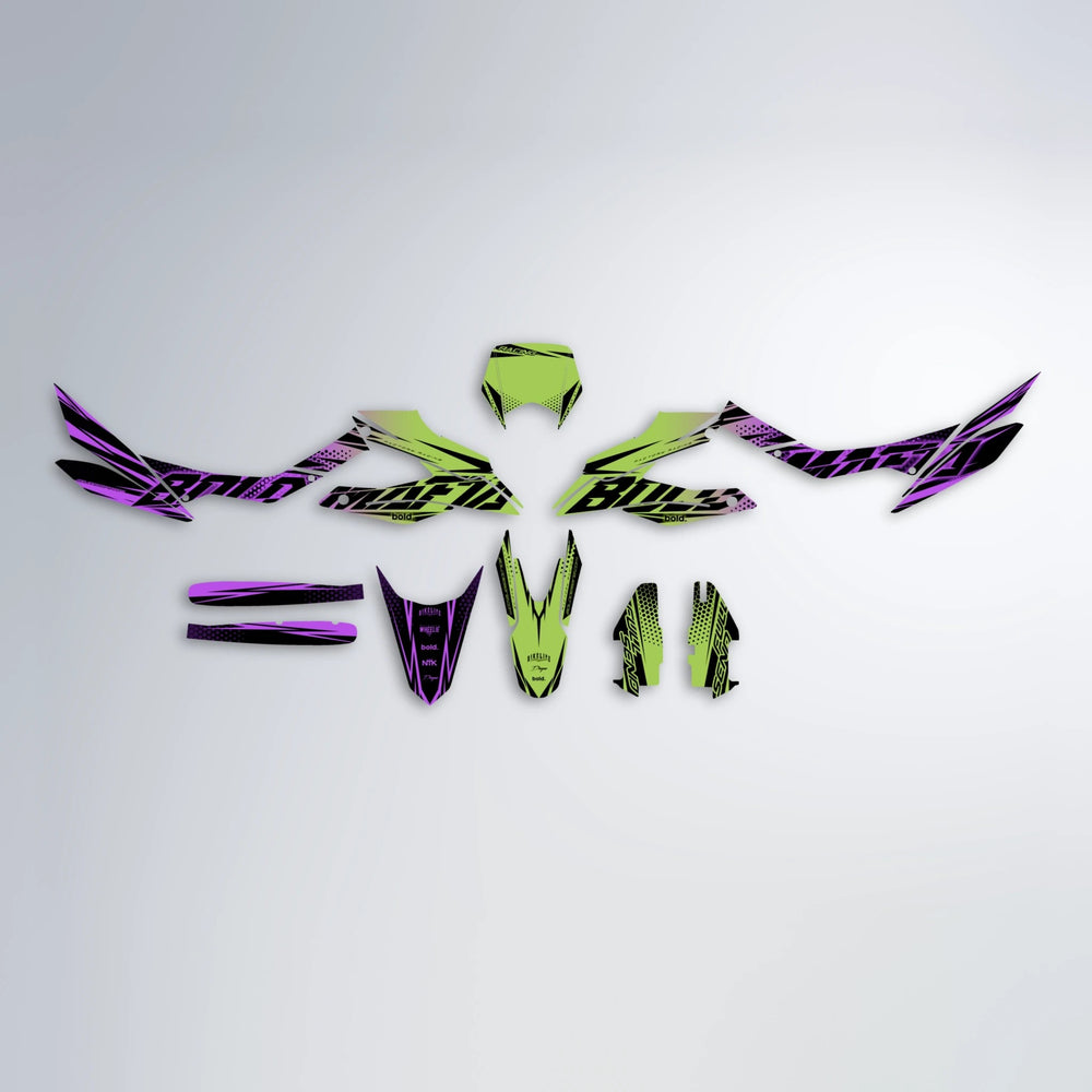 NIGHTFLARE Aprilia SX 125 graphics kit parts layout in Purple & Yellow