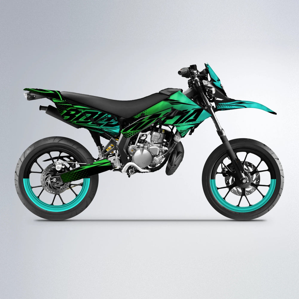 NIGHTFLARE Derbi Senda supermoto graphics kit in Cyan & Green