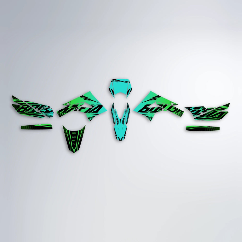 NIGHTFLARE Derbi Senda graphics kit parts layout in Cyan & Green