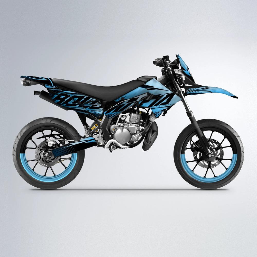 NIGHTFLARE Derbi Senda supermoto graphics kit in Light Blue & White
