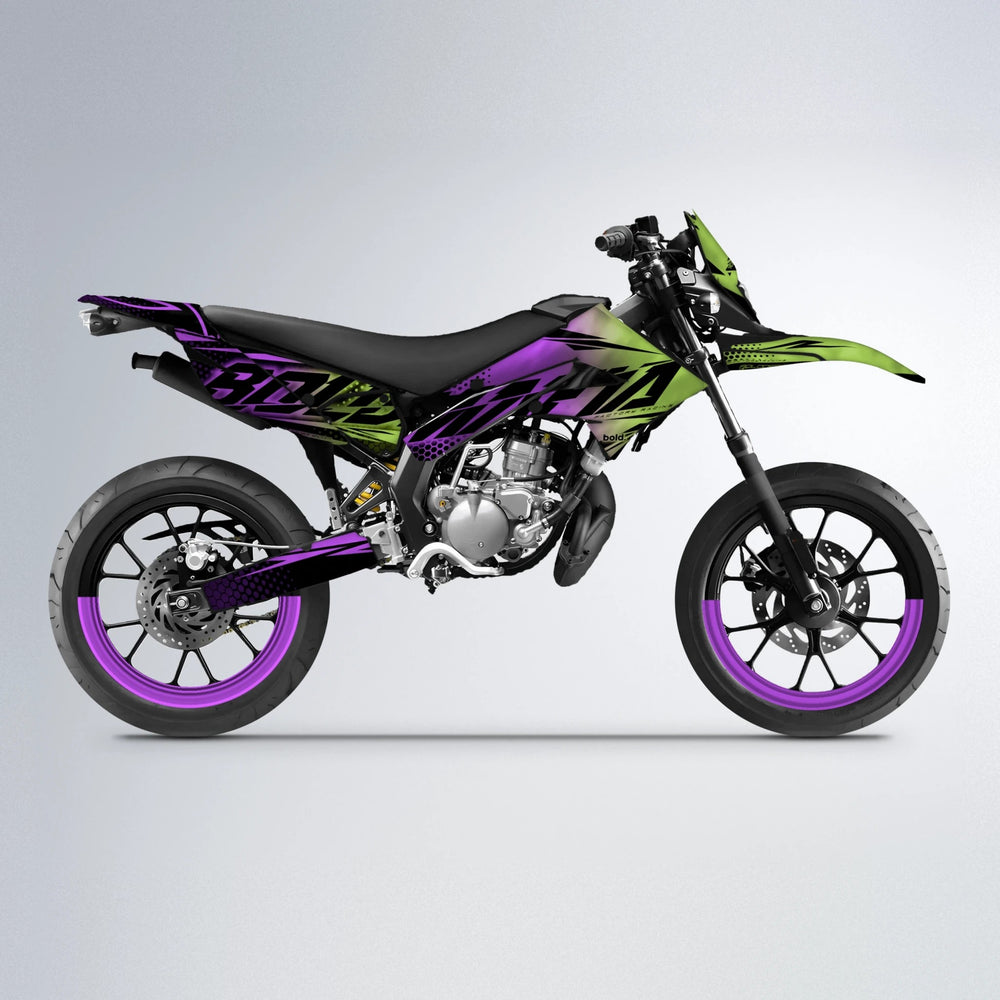 NIGHTFLARE Derbi Senda supermoto graphics kit in Purple & Yellow