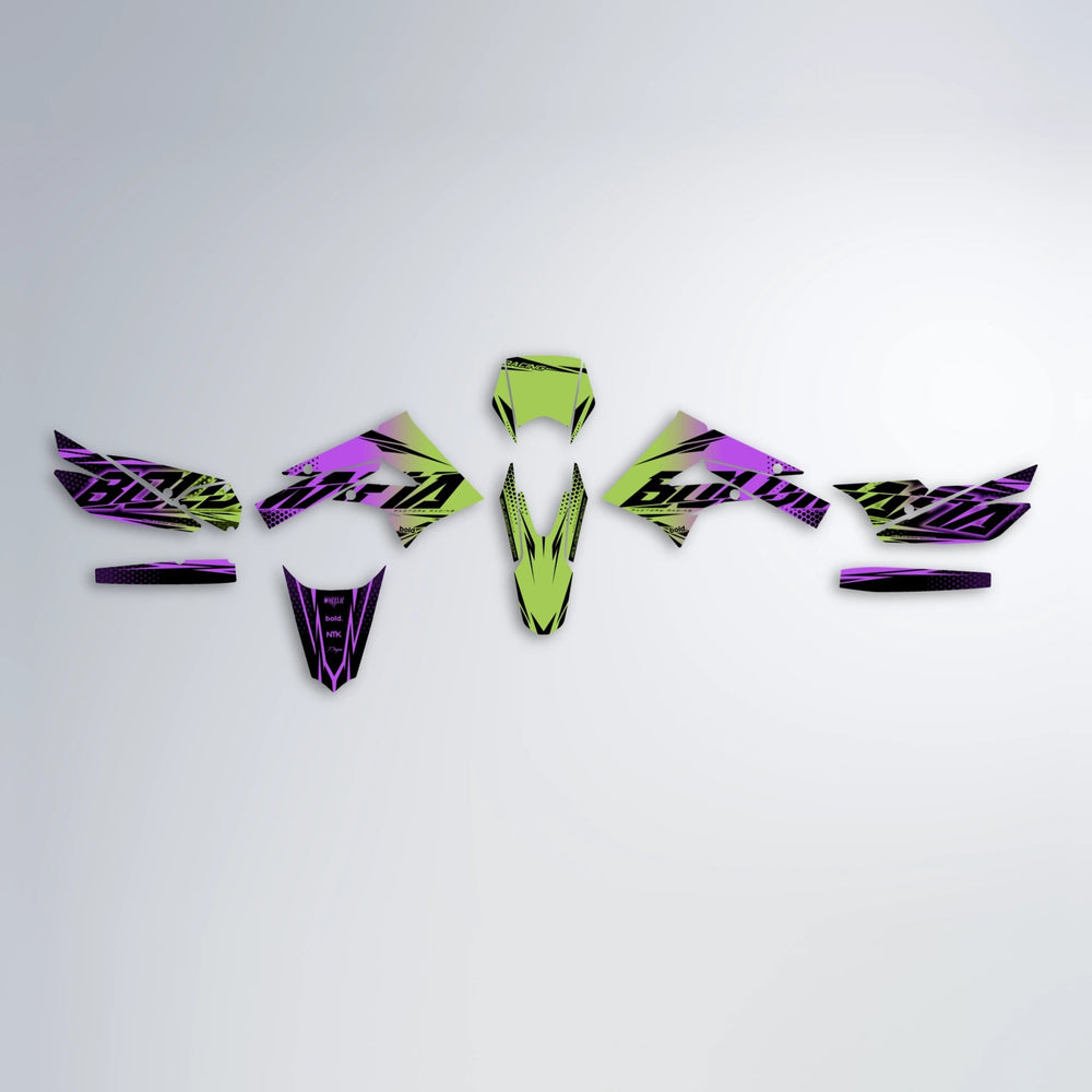 NIGHTFLARE Derbi Senda graphics kit parts layout in Purple & Yellow