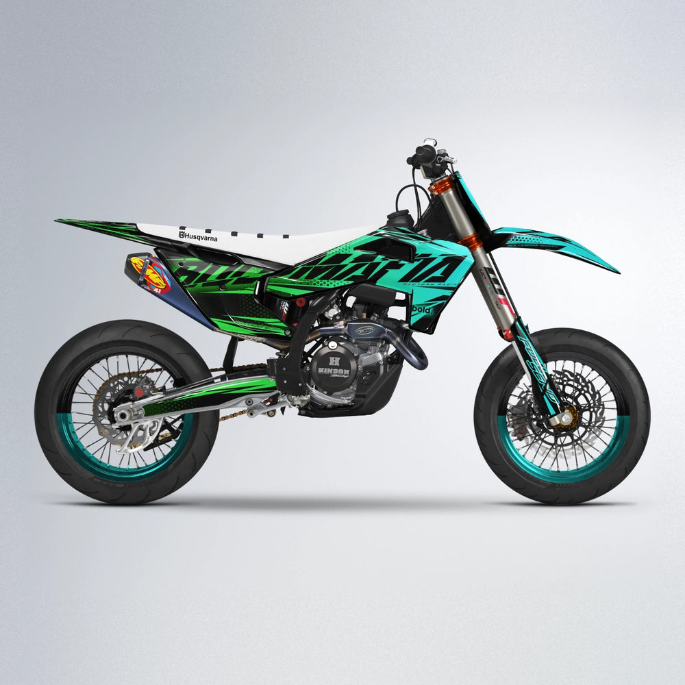 NIGHTFLARE Husqvarna FE/TE supermoto graphics kit in Cyan & Green