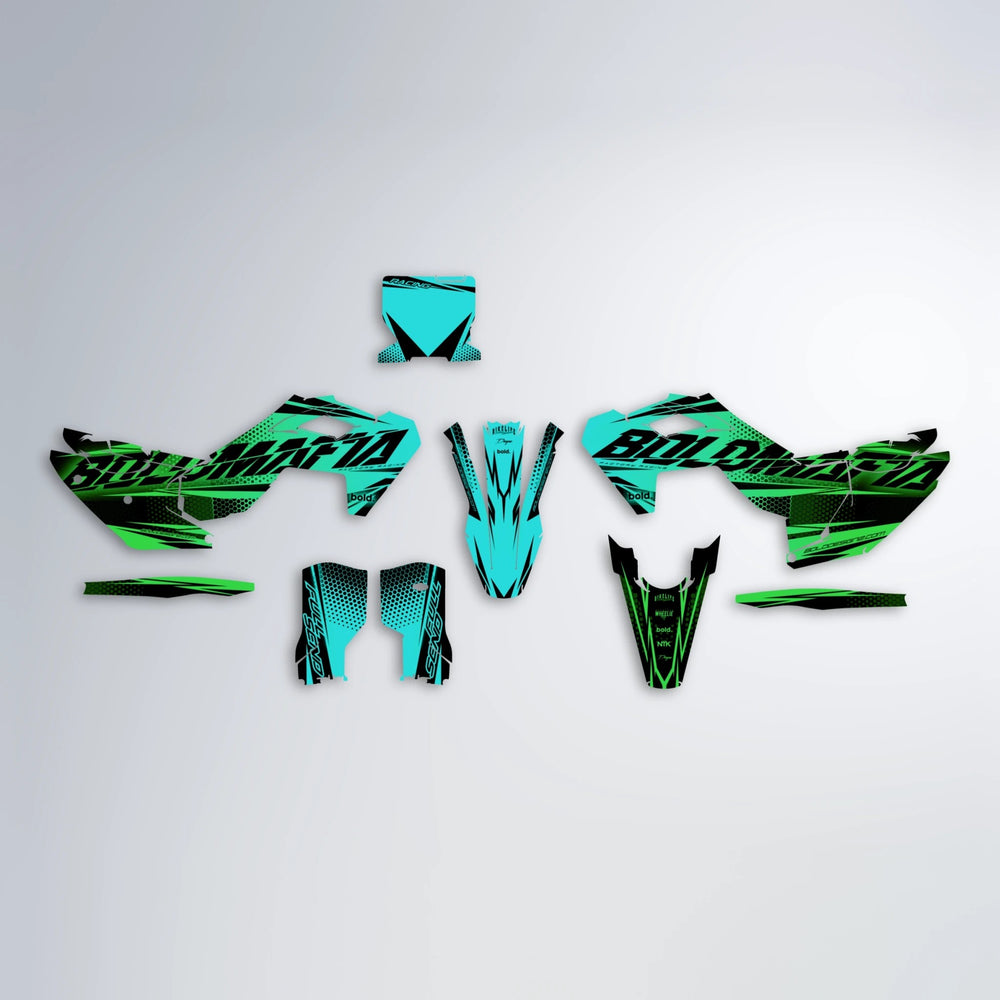 NIGHTFLARE Husqvarna FE/TE graphics kit parts layout in Cyan & Green