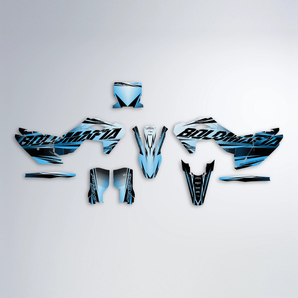 NIGHTFLARE Husqvarna FE/TE graphics kit parts layout in Light Blue & White