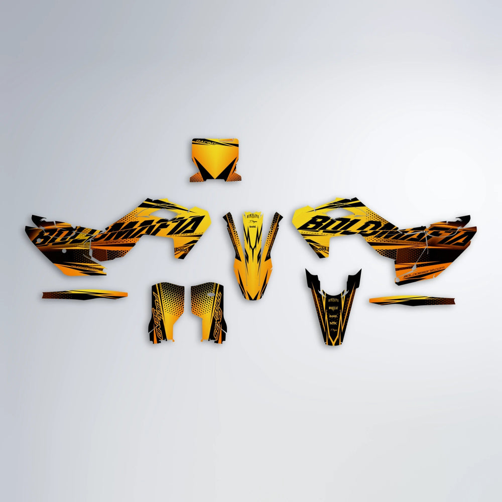 NIGHTFLARE Husqvarna FE/TE graphics kit parts layout in Orange & Yellow