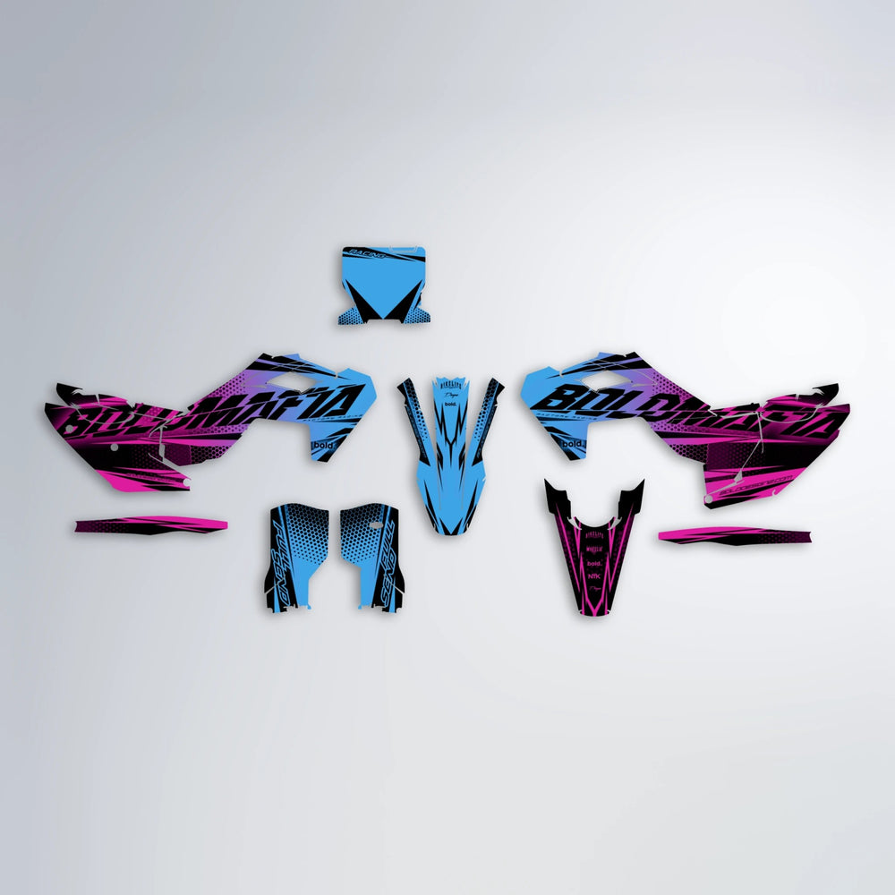 NIGHTFLARE Husqvarna FE/TE graphics kit parts layout in Pink & Light Blue