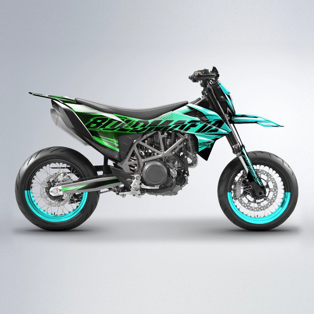 NIGHTFLARE KTM SMC 690 supermoto graphics kit in Cyan & Green