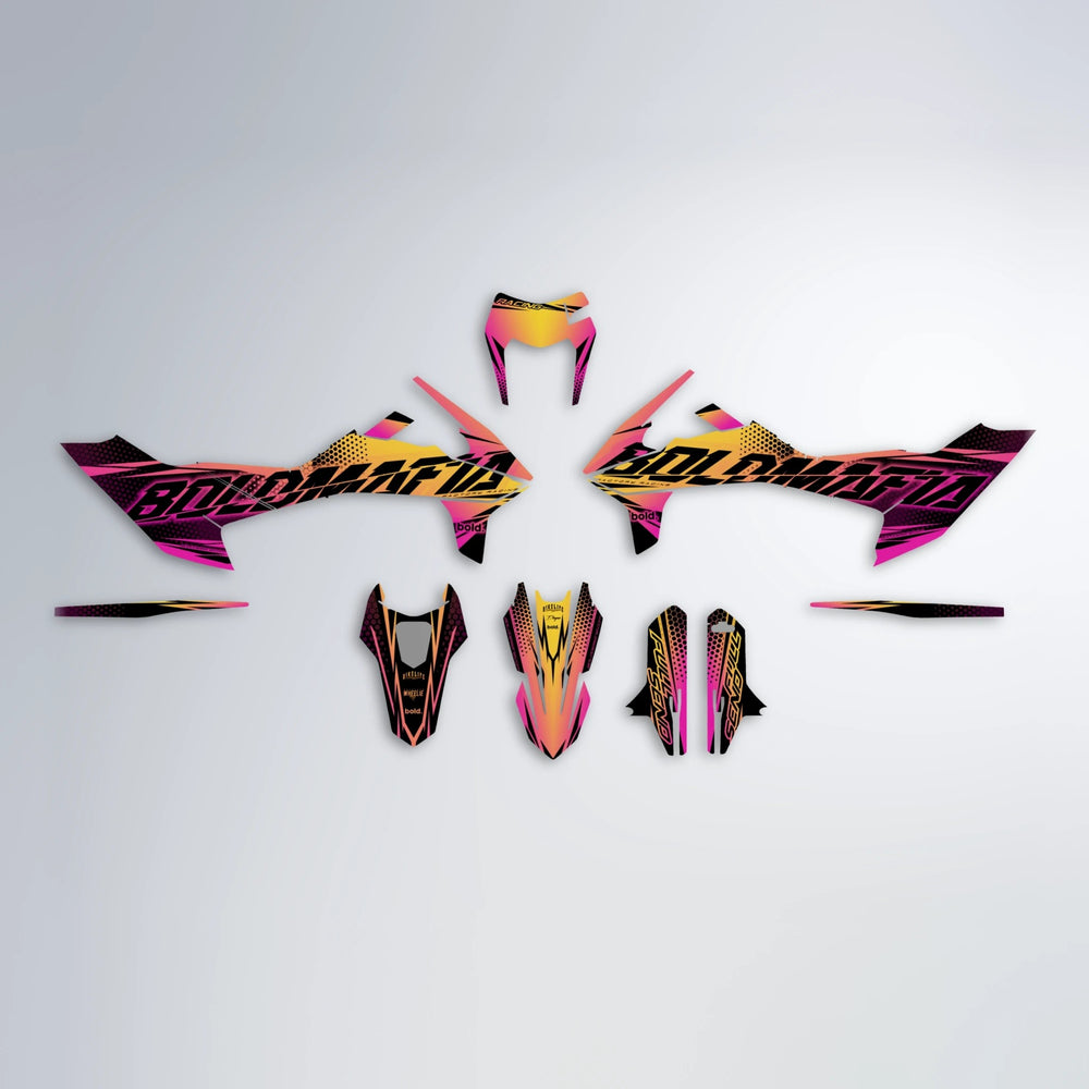 NIGHTFLARE KTM SMC 690 graphics kit parts layout in Pink & Yellow