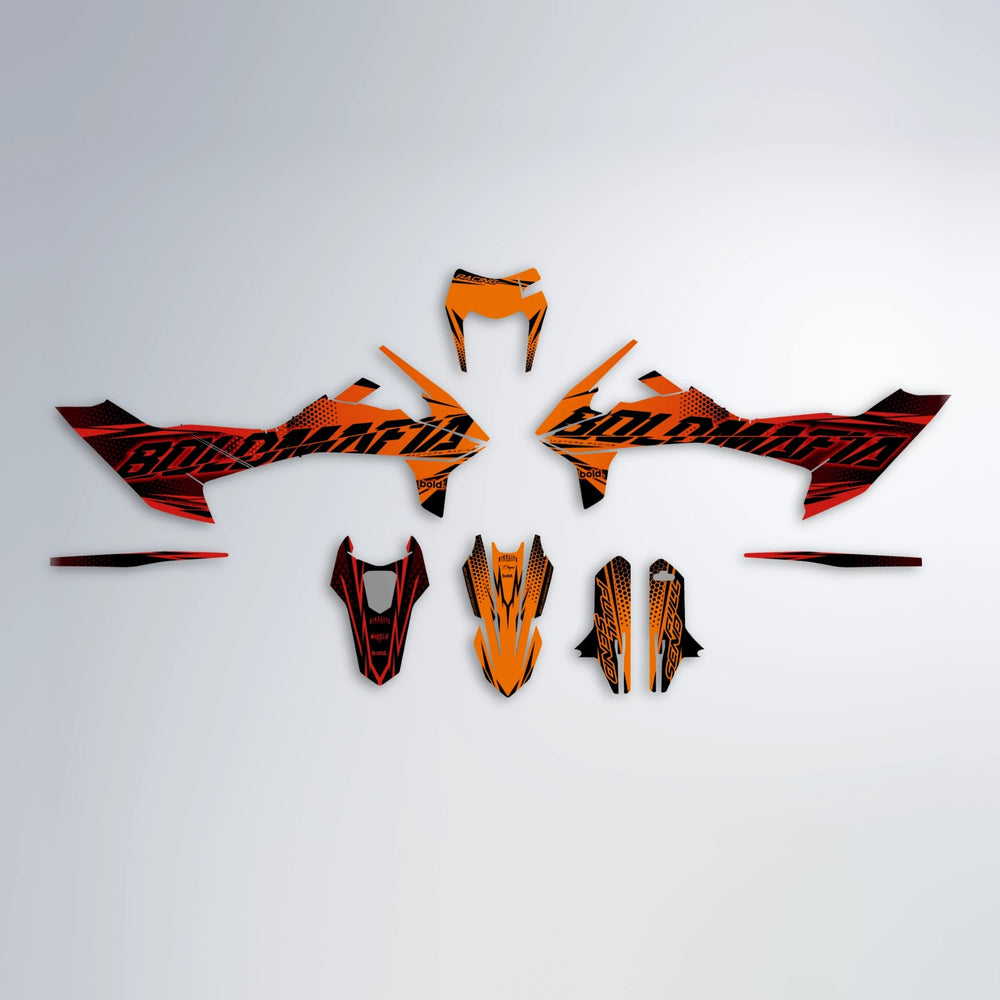 NIGHTFLARE KTM SMC 690 graphics kit parts layout in Red & Orange