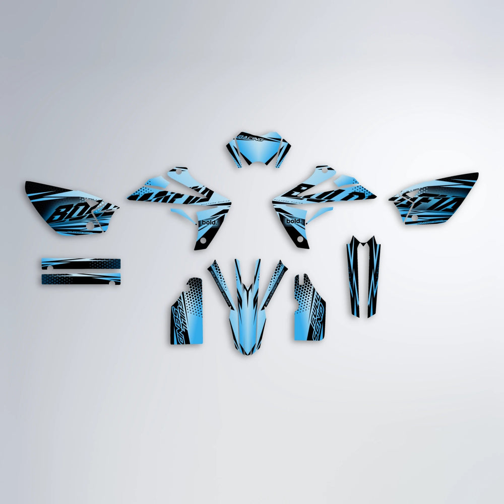 NIGHTFLARE Rieju MRT graphics kit parts layout in Light Blue & White