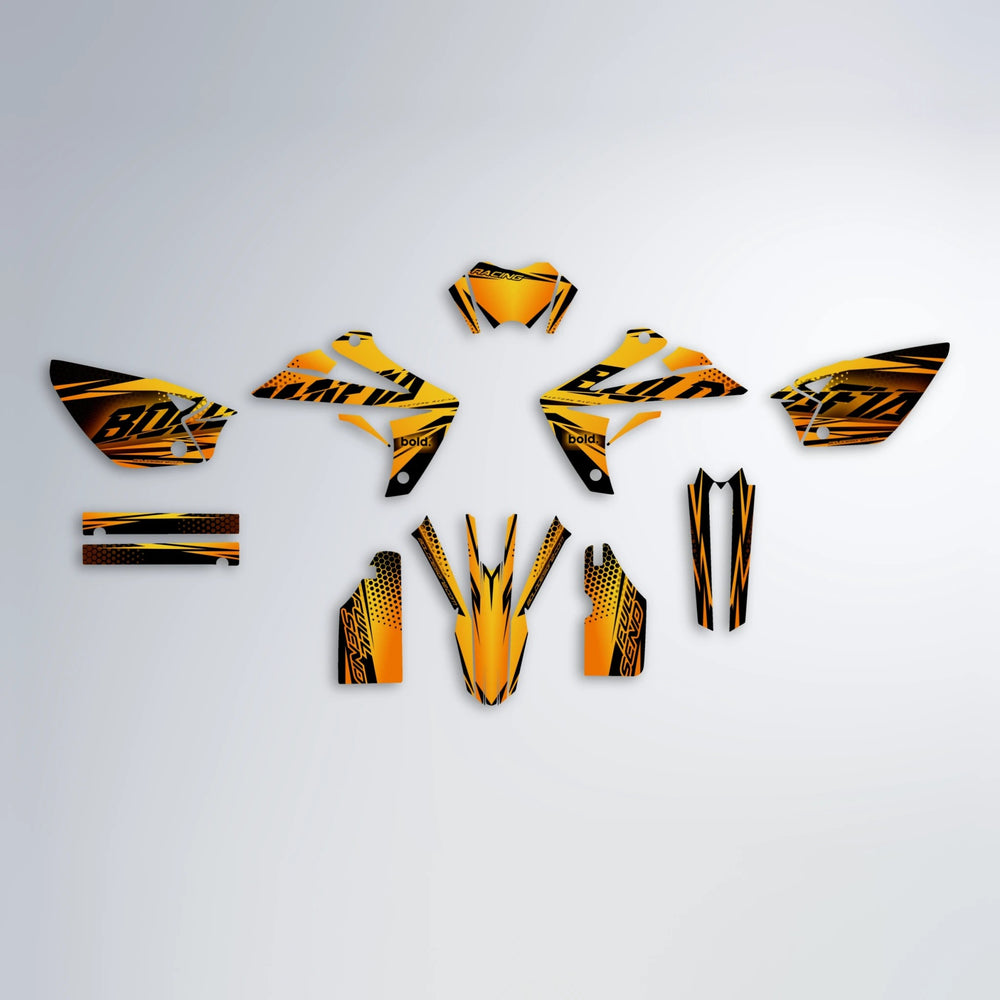 NIGHTFLARE Rieju MRT graphics kit parts layout in Orange & Yellow