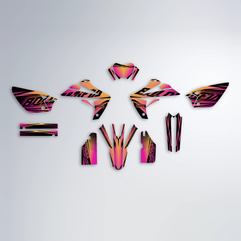 NIGHTFLARE Rieju MRT graphics kit parts layout in Pink & Yellow