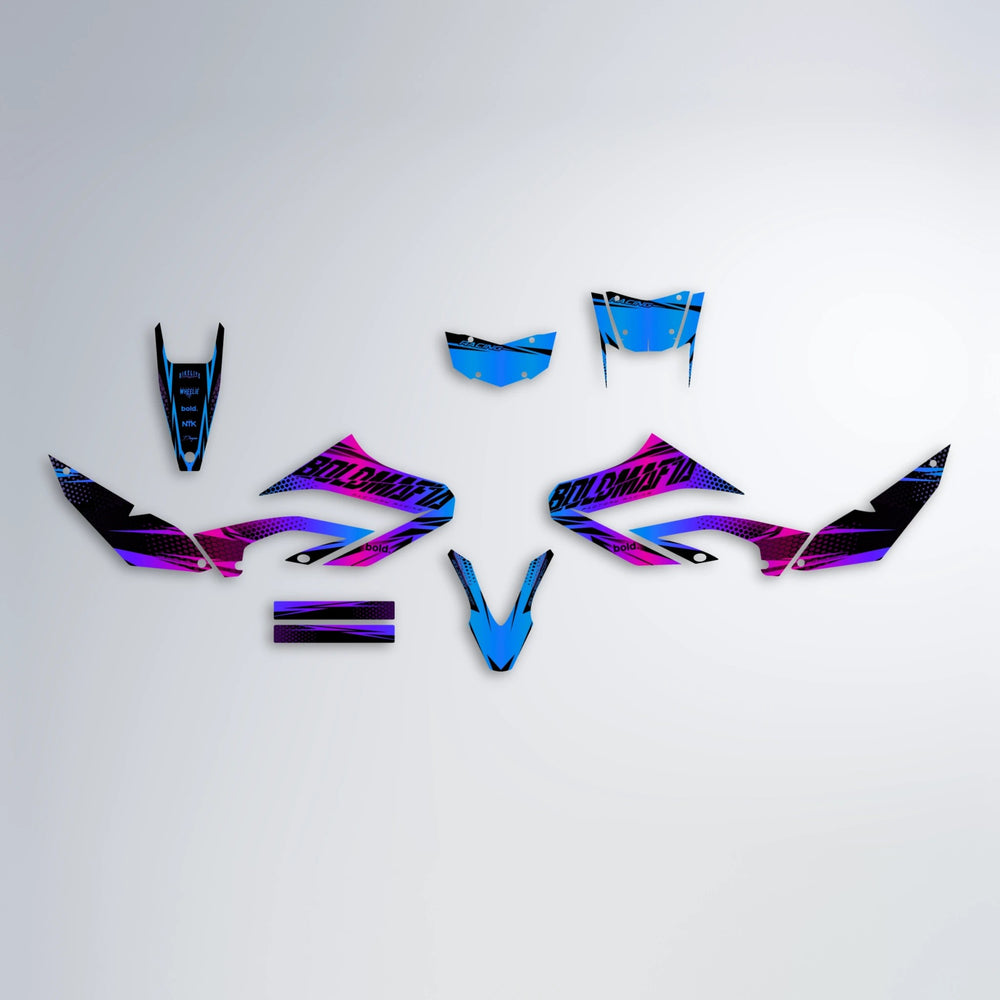 NIGHTFLARE Yamaha WR 125X graphics kit parts layout in Blue Purple Fade