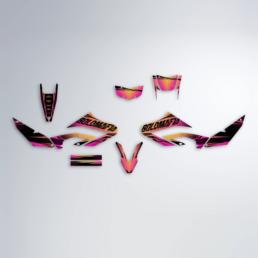 NIGHTFLARE Yamaha WR 125X graphics kit parts layout in Pink & Yellow