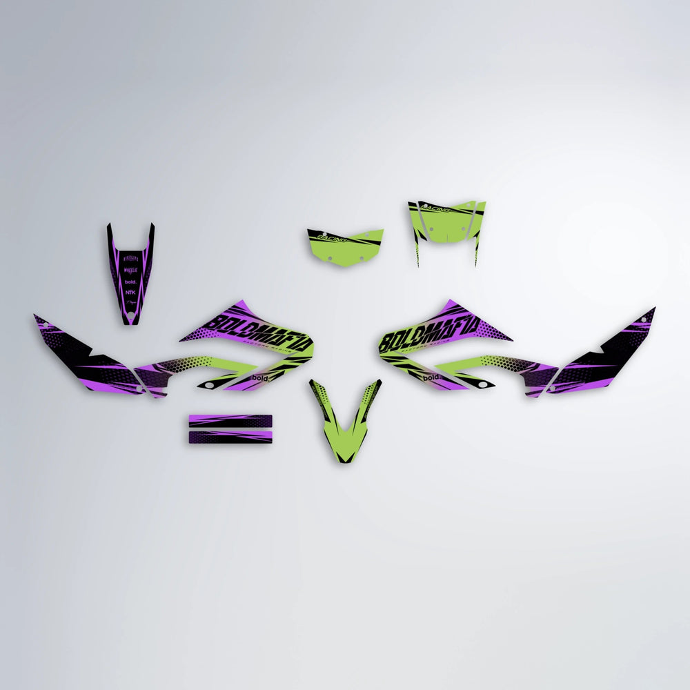 NIGHTFLARE Yamaha WR 125X graphics kit parts layout in Purple & Yellow
