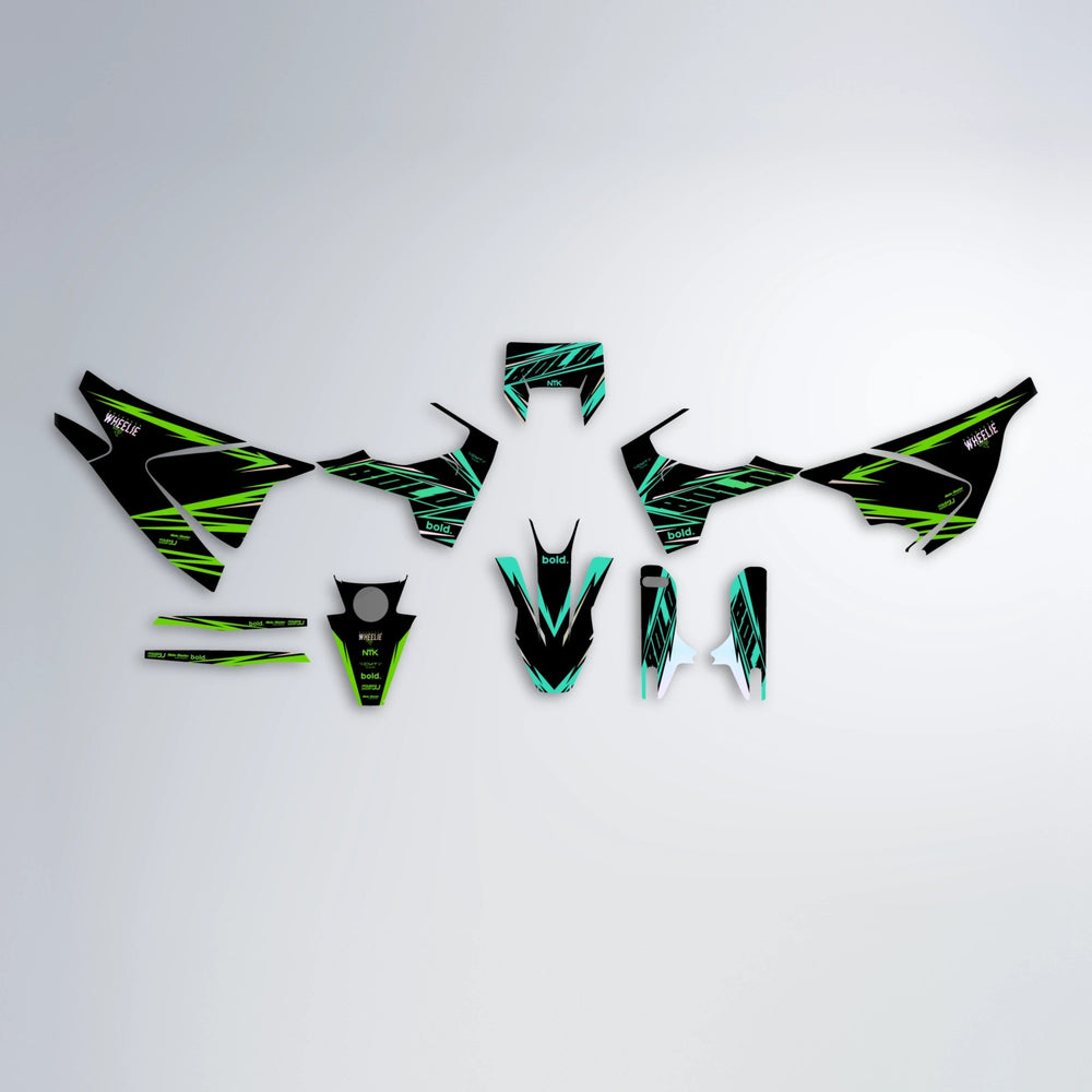 NTK V2 Husqvarna 701 graphics kit parts layout in Cyan & Green
