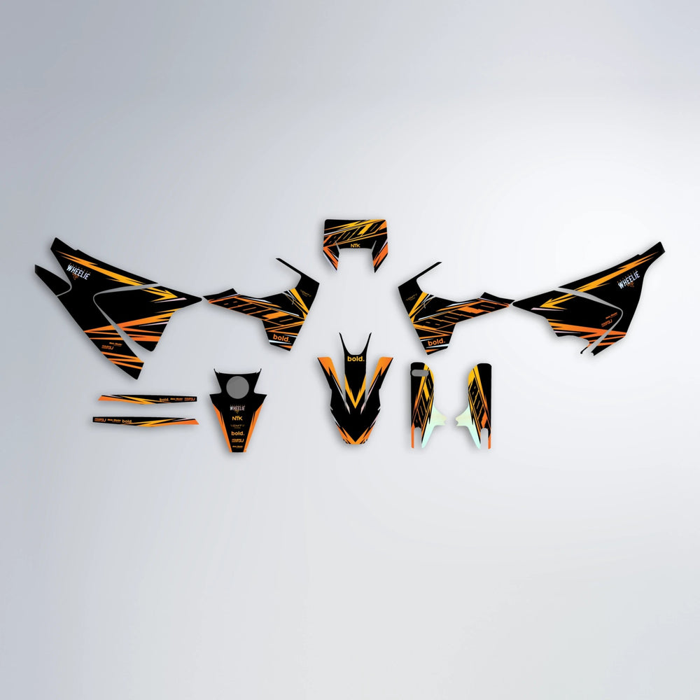 NTK V2 Husqvarna 701 graphics kit parts layout in Orange & Yellow