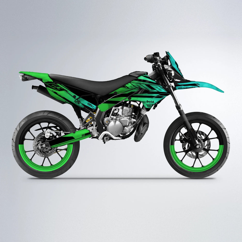 NTK V3 Derbi Senda supermoto graphics kit in Cyan & Green