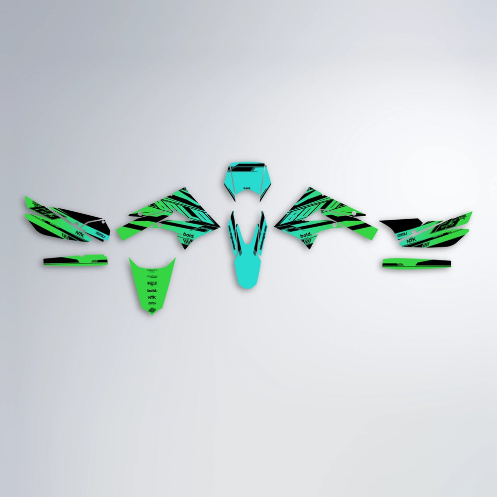 NTK V3 Derbi Senda graphics kit parts layout in Cyan & Green