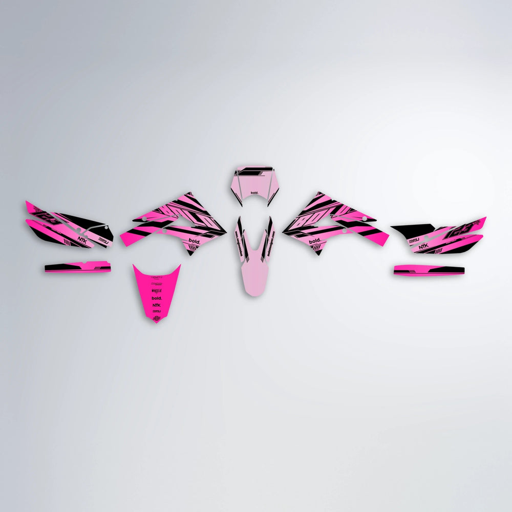 NTK V3 Derbi Senda graphics kit parts layout in Flamingo